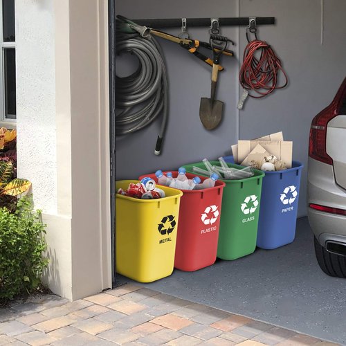 Acrimet Wastebasket Bin for Recycling, 6.75 Gallon/ 27 Quart/ 25.552 Liter (Made of Plastic) (Metal/Yellow, Paper/Blue, Glass/Green, Plastic/Red) (Set of 4)