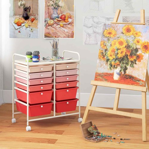 Julimoon 12 Drawer Rolling Storage Cart, Multipurpose Storage Organizer Cart with Lockable Casters, Mobile Utility Cart for Garage Office Home Kitchen (Gradient Pink), HW56500