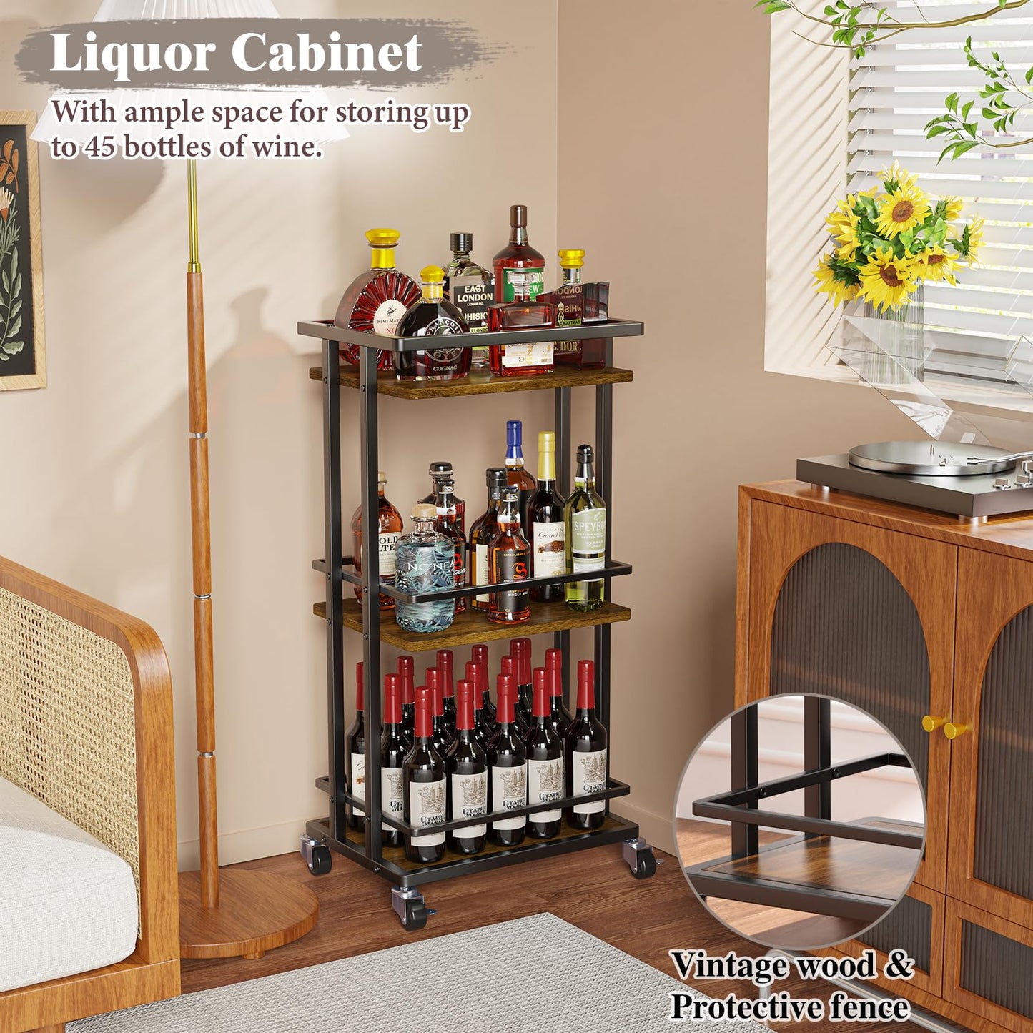 OKZEST 3 Tier Bar Cart for Home, Rolling Mini Liquor Bar for Wine Beverage Dinner Party, Utility Kitchen Storage Island Serving Cart on Wheels, Coffee Bar Cabinet for Kitchen Dining Living Room, Brown