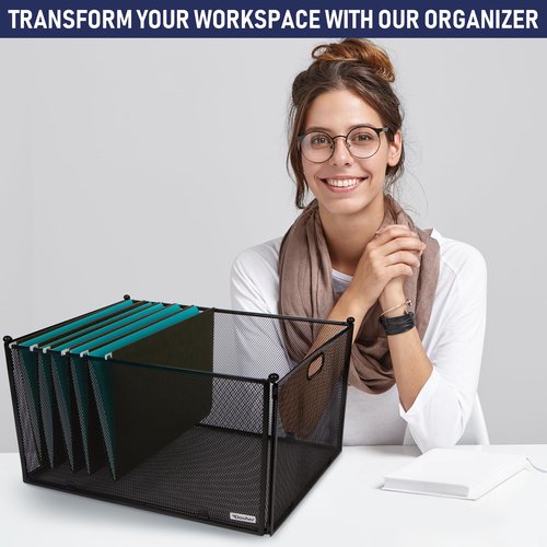 Hanging File Organizer Mesh Box, Supports Letter and Legal-Sized Hanging Folders, Modern Black Metal Mesh File Crate, Collapsible Document Organizer Box for Home or Office Storage
