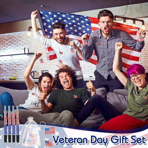 Qilery 400 Pcs Veterans Day Style American Flag Lapel Pins Ballpoint Pen Independence Day Flag Keychains Thank You Card Organza Gift Bag for Home Office 4th of July Party Supplies