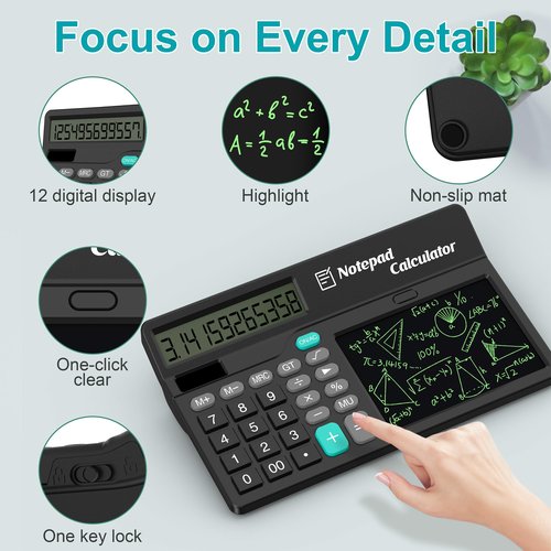 Calculators Desktop with Notepad Writing Tablet 6 Inch, 12 Digit Large Button Office Calculator with Magnetic Stylus, Support Solar & Battery, Desk Calculator for Office, School & Home