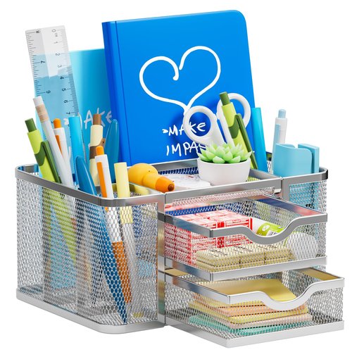 Marbrasse Mesh Desk Organizer, Pen Organizer with 2 Drawer, Multi-Functional Pencil Holder, Desk Organizers and Accessories with 5 Compartments + Drawer for Office Art Supplies (Silver)