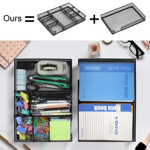 ROSROSE Desk Drawer Organizer 2 Pack, 6 Adjustable Compartment Metal Mesh Drawer Organizer, Office File Organizer Desk Organizer Tray Storage Basket for Home Office School,12.6 * 8.6 * 1.8in, Black