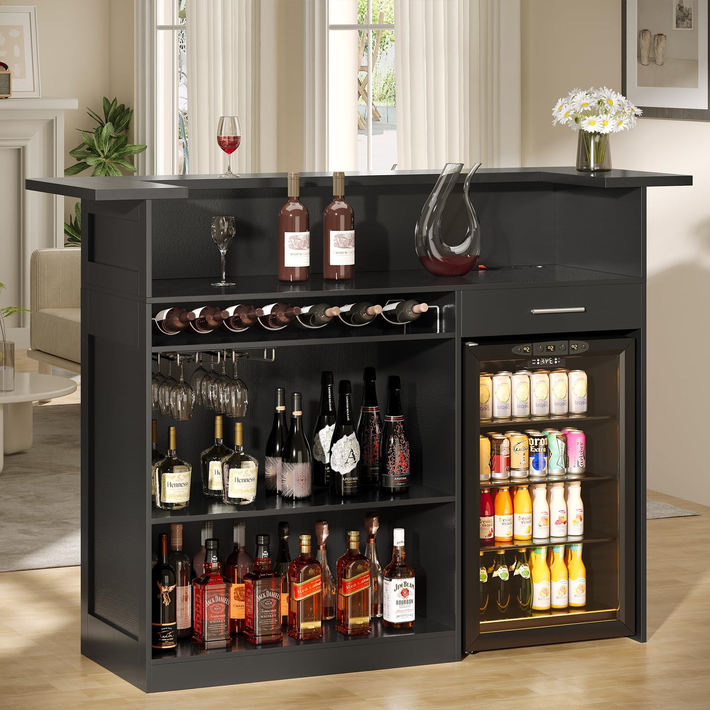 Lurinthal Home Bar Unit with Mini Fridge Space, Liquor Bar Cabinets with Storage Shelves, Drawer, Wine Glasses Holder, Mini Fridge Cabinet with Storage, Basement Bar for Home, Living Room