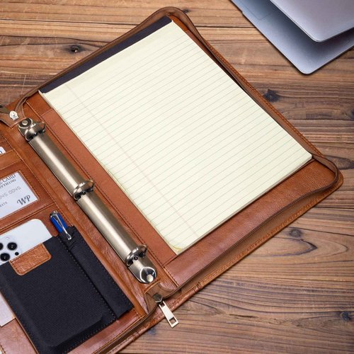 Geslun Genuine Leather Portfolio with 3 Ring Binder, Full Grain Leather Padfolio Zippered, A4 Notebook Holder Laptop Sleeve Professional Folder Organizer Gift for Men and Women, Brown, Oil Tanned