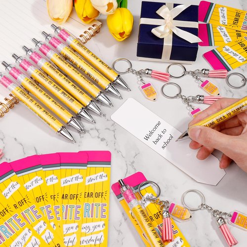 Zenoble 24 Set Back to School Student Gifts Bulk Ballpoint Pens Keychains and Greeting Cards Set First Day of School Gifts for Teacher Classroom Rewards Party Favors