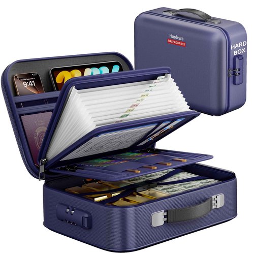 Fireproof Document Box, Hard Case Fireproof Box with Lock, Portable Hard-Shell Fireproof Water Resistant Document Safe for Important Documents, Laptops, Passports, Files and More (Blue)