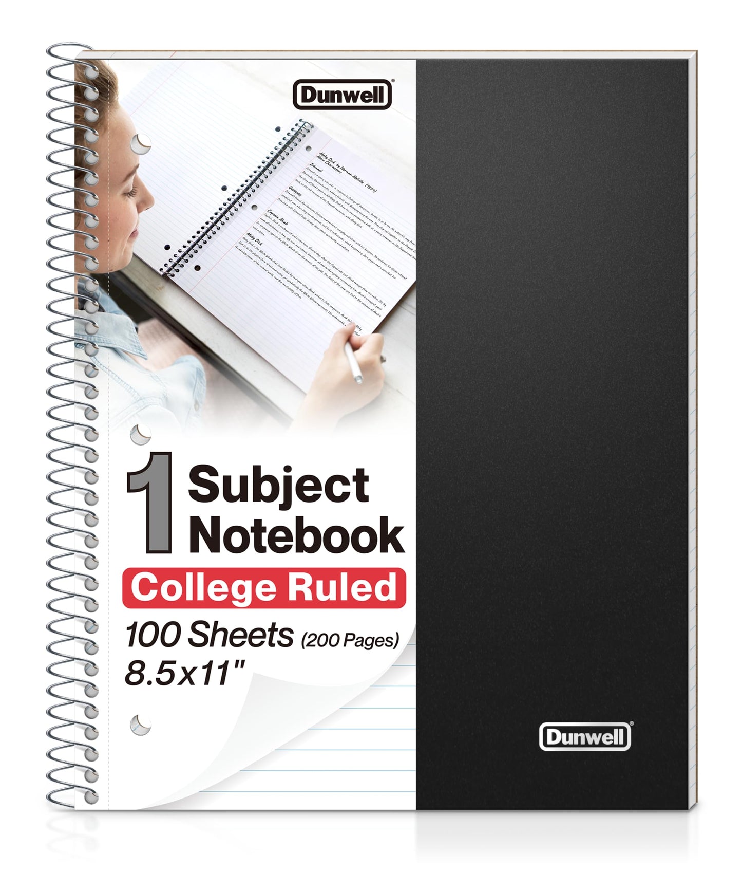 Dunwell College Ruled Spiral Notebook (Black), 1 Subject Notebook 8.5 x 11 for School, Plastic Cover, Pocket Divider, 100 Sheets (200 Pages), 3-Hole Punched Perforated 8 1/2 x 11 Paper