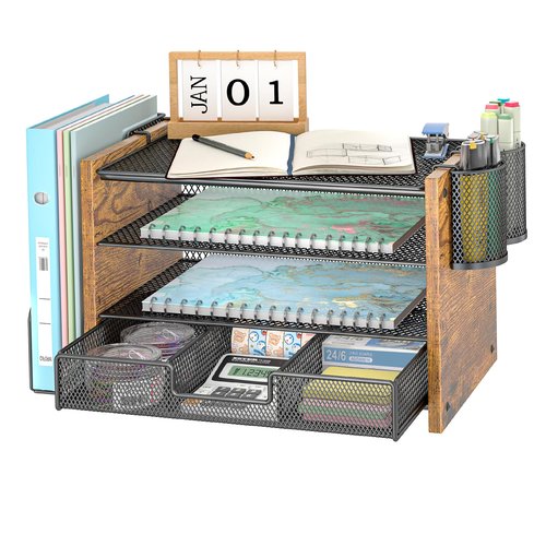 3IngSeagulls Wooden Desk Organizers and Accessories with File Holder, 4-Tier Paper File Organizer with Drawer & 2 Pen Holders, Office Desk Accessories, Desktop Organizer and Storage for Home Office