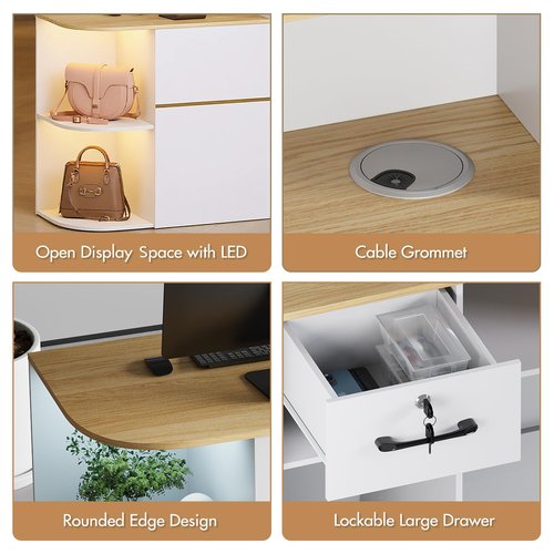 Kikihouse Modern Reception Desk & DIY Metal Strips, Front Desk with LED Light and Hidden Power Outlet, Reception Counter Table for Checkout, Office, Lobby, Nail Salon Spa (White+Wood)