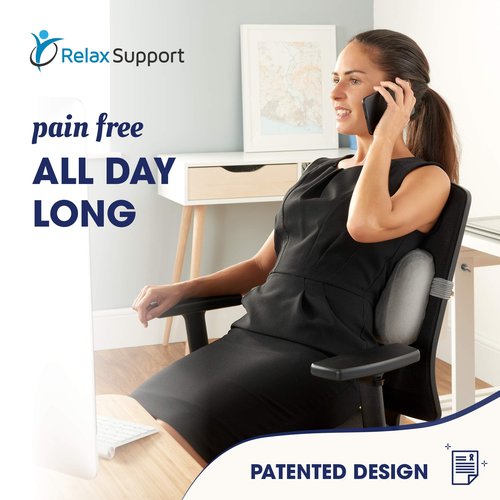 Relax Support RS11-X Lumbar Support Pillow - Medium Firm Memory Foam Office Chair Back Support - Promotes Spinal Alignment & Better Posture - Non-Slip Strap, Washable Cover - Fits Wheelchair, Recliner