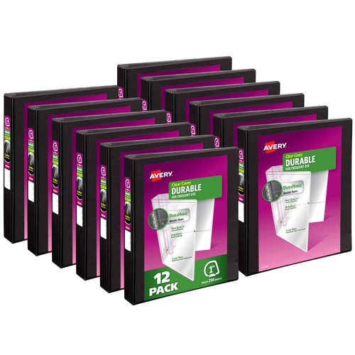 Avery Durable View 3 Ring Binders, 1 Inch Slant Rings, 250-Sheet Capacity, DuraHinge, 1.4 Inch Wide Spines, Customizable Clear Covers and Spines, Black Binders (12-Pack of 17011)