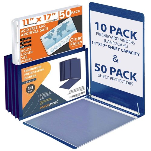 Performore - 10 Pack of 11 x17 Landscape Pressboard Presentation Binder Folders with 50 Sheet Protectors. Blue Fiberboard Report Covers with 3" Capacity Metal Prong Paper Fastener to Bind Reports