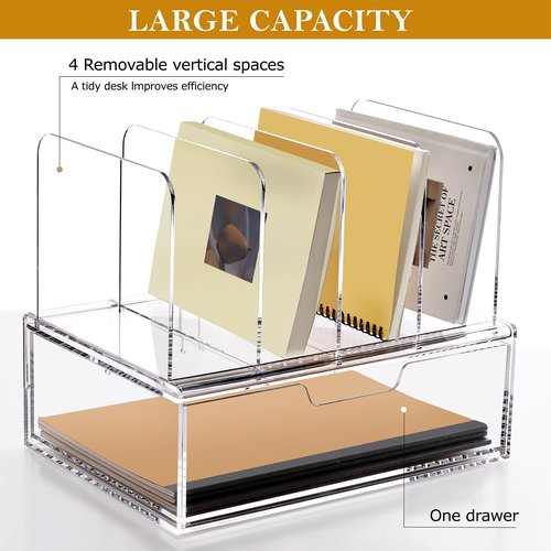 SANRUI Acrylic Desk Organizer with Sliding Drawer, Clear 4 Vertical Compartments Storage File Holders, Multi-Functional Workspace Office Supplies Accessories Organizers