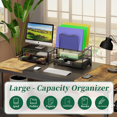 Simple Trending Mesh Desk Organizer with Sliding Drawer, Double Tray with 5 Sections File Bookshelf, Black