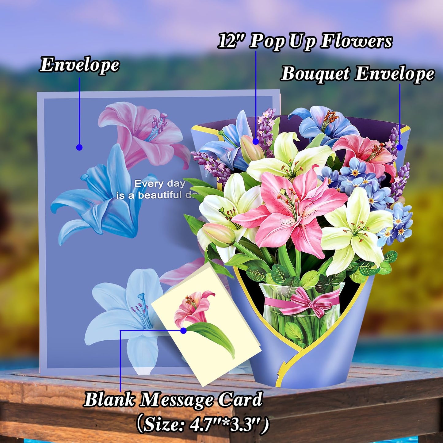 Airpark Pop Up Flower Cards, 3D Paper Flowers Bouquet Birthday Card 12’‘ with Blank Note and Envelope, Mother's Day, Get Well Greeting, Anniversary, Thank You, Easter Gifts Cards for Women Mom, Lillie