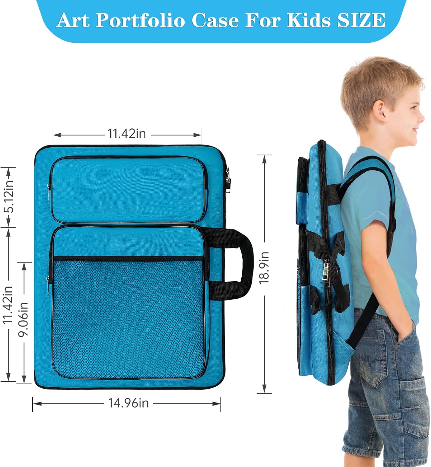 TreochtFUN Art Portfolio For Kids - 15x18 Inch Artist Bag Organizer | Blue Storage for Drawing Lessons