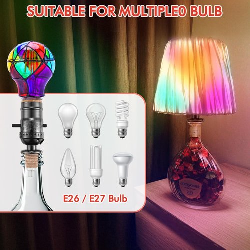 2 Set DIY Wine Bottle Lamp Kit with E26 LED Light Bulbs for Liquor Bottle, with Glass Drill Bit and Lid Black Cord Lamp Socket, 3 Size Tapper Cork (W/ 2 Stained Glass Light Bulbs)