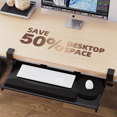 TEXENDO Keyboard Tray, 25 in. Pine Plastic, Keyboard tray Under Desk with Wrist Rest, Mouse Pad, Cup Mat, Lightweight Slide Out Tray, Easy Assemble Adjustable C clamp