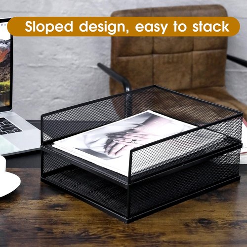 Magazine File Holder, 2 Pack Desk Organizer and Accessories, Metal Paper Tray Office Document Organizer Wire Mesh Letter Trays Stackable Desk File Storage Basket, Black