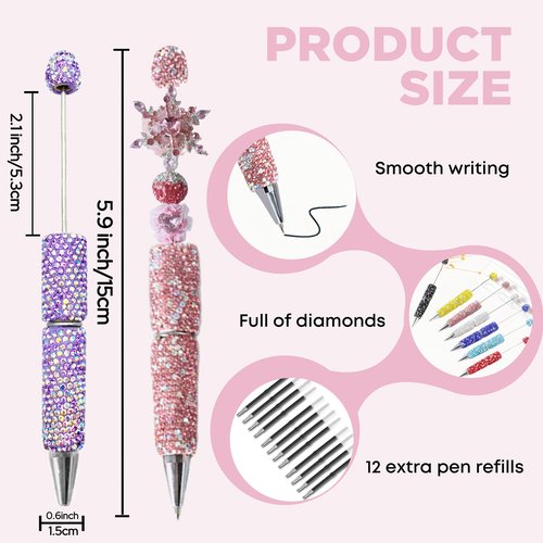Liplustoyi 10Pcs Glitter Beadable Pen Full Rhinestone Fancy Pens for Beads Cute Journalling Diamond Pens for Women Fun Bling Ballpoint Pens Tween Girls Gifts Trendy Stuff (Multicolor)