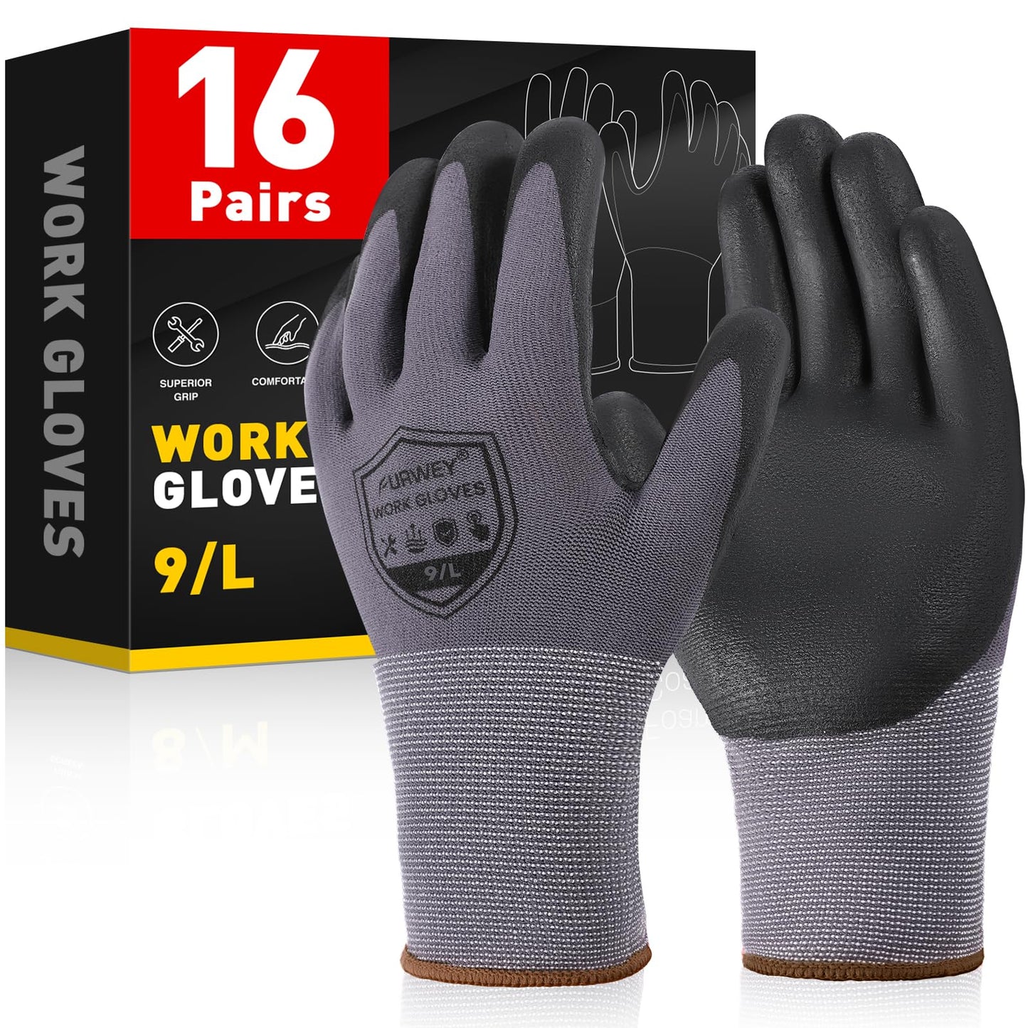 FURWEY Safety Work Gloves,16 Pairs Micro-Foam Nitrile Coated Glove for Men and Women, Touchscreen, Ideal for Warehouse Package Handling，Construction, Gardening, Large