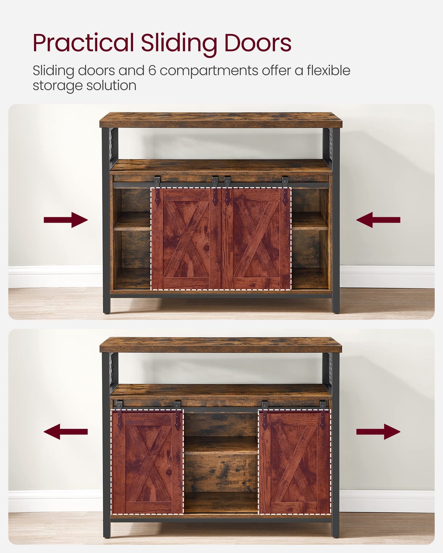 VASAGLE Buffet Cabinet, Coffee Bar Storage Cabinet, Sideboard with 2 Sliding Barn Doors, Adjustable Shelves, 13 x 39.4 x 31.5 Inches, for Living Room, Rustic Brown and Ink Black ULSC092B01