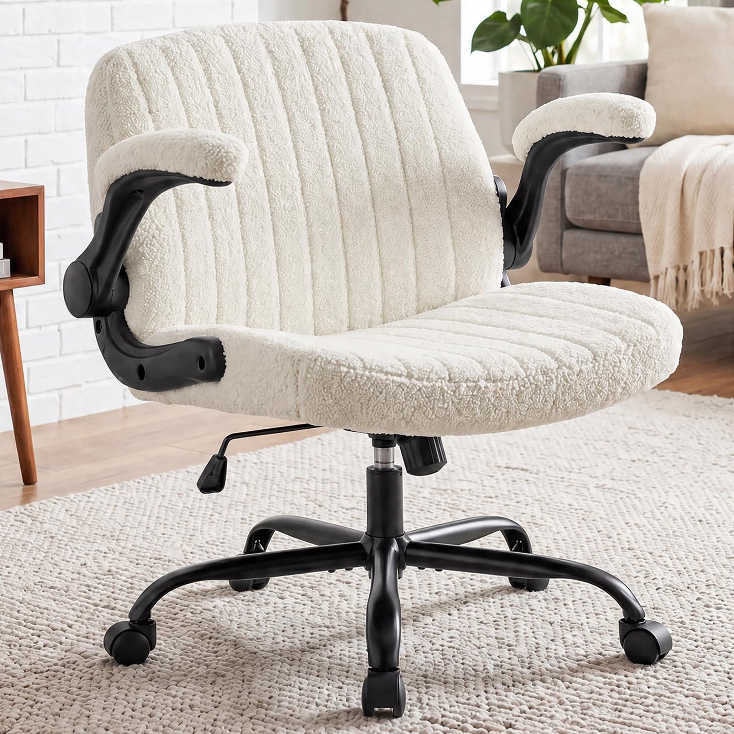 DUMOS Criss Cross Home Office Chair with Wheels, Wide Cross Legged Desk Vanity Chair Comfy Fabric Flip-Up Armrests Adjustable Swivel Chairs for Home Computer Bedroom, Beige