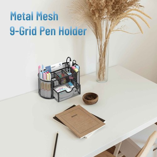 SUPEASY Bundle 5 Trays Paper Organizer & Mini 9-Grid Pen Holder (Black)