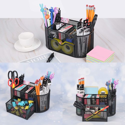 YAHENLI Desk Organizer with 9 Compartments, Mesh Office Organization for Scissors, Post-it, Sticky notes, Pen Holder, Metal Office Desk Organizers and Accessories
