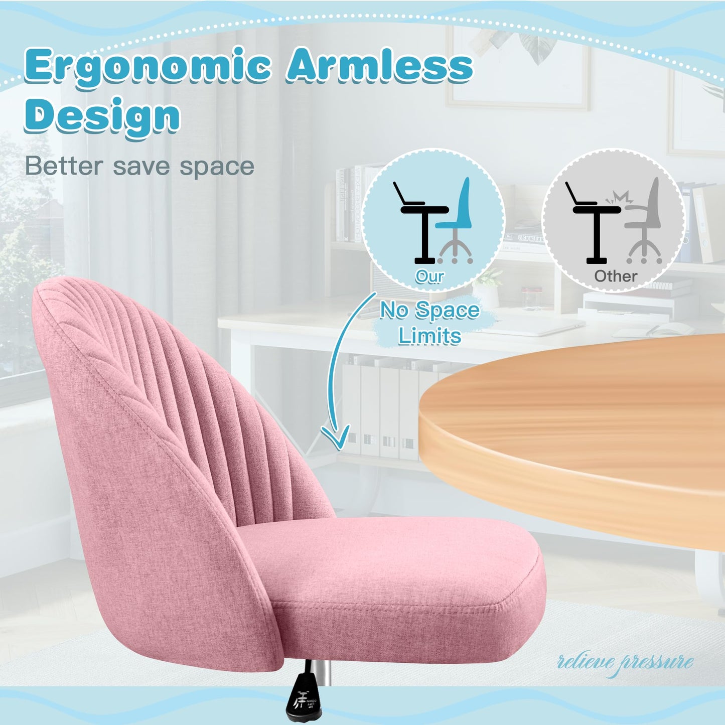 Furniwell Office Chair Armless Cute Desk Chair Modern Adjustable Swivel Vanity Task Computer Chair Home Office Desk Chairs with Wheels (Fabric, Pink)