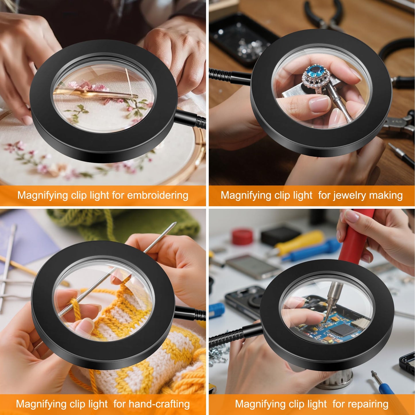 Akynite 10X Magnifying Glass with Light, 2 in 1 Magnifying Desk Lamp Clip on Mganifier with Light, 3 Color Modes 10 Brightness Levels, 58 LED Clip on Reading Lamp for Bed Crafts DIY Repair,No Adapter