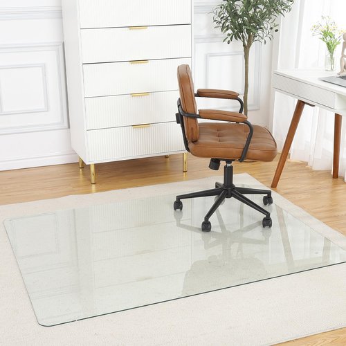 Tempered Glass Office Chair Mat, 0.2 Inch Thick Clear Glass Floor Carpet with Round Corner and Polished Edges, 1000 Lbs Capacity, Scratch-Resistant, Desk Mat for Office(55" x 46")
