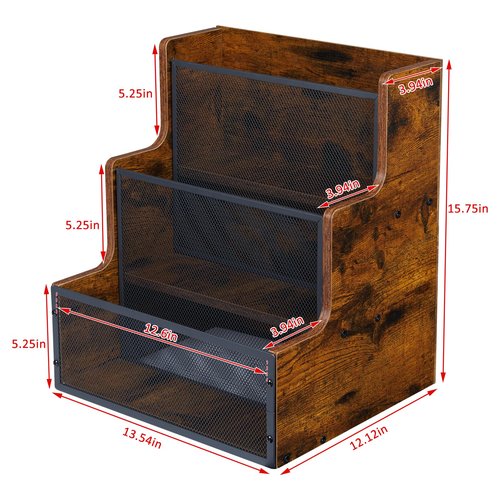 Yuzehuaza Vinyl Record Storage Holder, Stepped 3 Tier LP Vinyl Record Crate with Metal Grid, Wooden Album Storage Desktop Organizer Box for Vinyl, Rustic Brown & Black (Patent Pending)