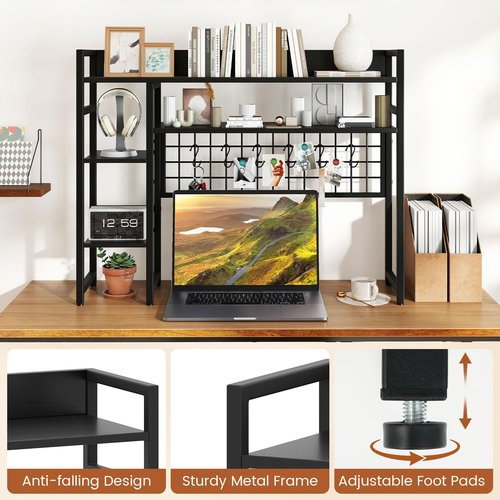 Giantex Desktop Bookshelf, 37" Desk Shelf for Up to 32" Computer Monitors, 4 Tier Desktop Display Shelves with Grid Panel, 6 Movable Hooks, Anti-tip Device, Desk Hutch for Home Office Dorm (Black)