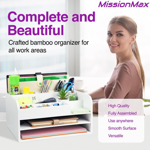 MissionMax White Bamboo Wood Desk Organizer, Max Storage with Two File Trays, Vertical File, Pens, Pads and Other Bins to Hold Your Work Necessities