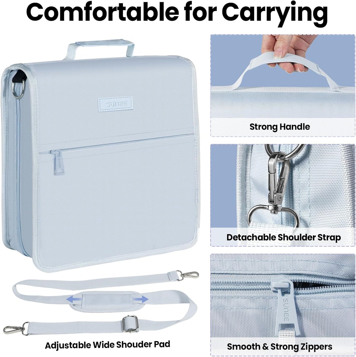 SUNEE Zipper Binder - 3 Inch O-Ring with Handle & Shoulder Strap | 600-Sheet Capacity, Dusk Blue