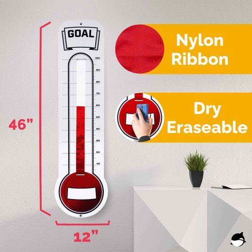 Fundraising Thermometer Chart Goal Tracker | Dry Erase Goal Setting Wall Mounted Thermometer | Giant Sales Goal Board with Pull-Through Ribbon Progress Tracker (46” x 12”) by ORCA