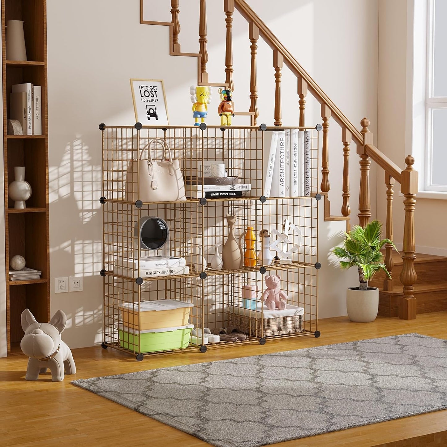 C&AHOME Wire Cube Storage - 9-Cube Organizer with Modular Metal Grids | Ideal for Home & Office, Brown, 36.6”L x 12.4”W x 48.4”H