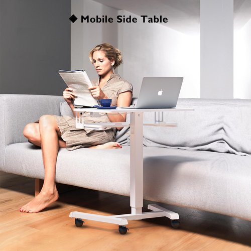 BONTEC Mobile Standing Desk with Keyboard Tray, Mobile Podium, Computer Workstation Up to 33lbs, Laptop Sit or Stand Desk on Wheels, Height Adjustable Stand Up Table for Living Room, Bedroom, White