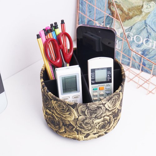 QIELIZI Round Leather Art Supply Organizer,Remote Control Holder,360 Degree Rotating,Multi-Functional Pencil Holder,4 Compartments Desktop Stationary Organizer(1-3D Rose Yellow)