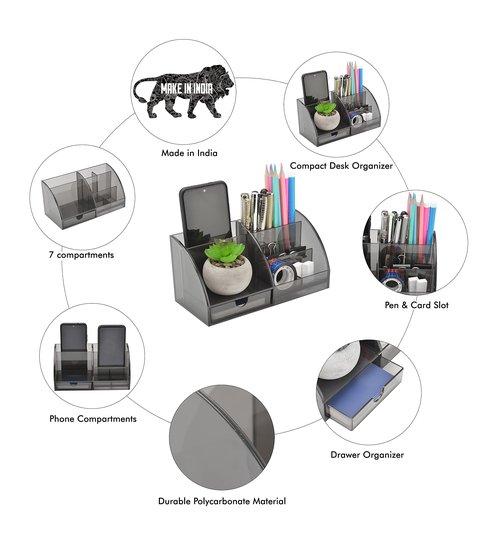 Udgamy Desk Organiser, Smoky Black, Pen Stand, 7 Compartment Stationary Organizer (21 cm x 9.5 cm x 10 cm)