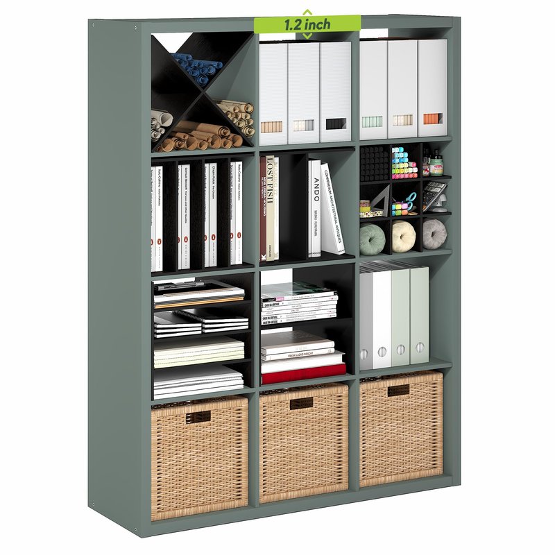 Furinno Cubicle Book Shelf, 12-Cube Bookshelf, Extra Thick Frame Reversible Bookcase with Open Back, 14.6" x 44" x 58", for Living Room, Bedroom, Home Office, Sage Green