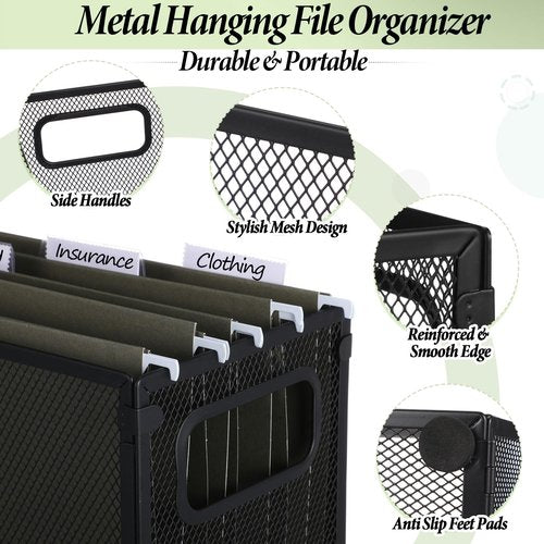 Otoolling 2 Pack Hanging File Organizer Include 10 Hanging Folders Metal Mesh File Folder Box for Letter Size Folder Storage Desktop Magazine Storage Cabinets for Home Office School(Green,Small)