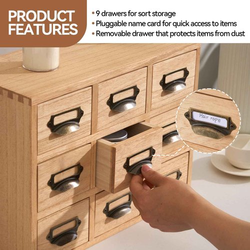KIRIGEN Wood Drawer Organizer Desktop Storage Cabinet Box Drawers for Home Office Desk Organization and Storage 9 Drawer Mini Chest with Metal Handles Natural (9CG-NA)