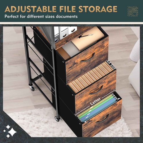 Vestibk 3 Drawers File Cabinet, Vertical Filing Cabinets for Home Office, Drawer with Adjustable Hanging Rail, A4/Letter Size Hanging File Folders, Open Shelf, Mobile Printer Stand, Rustic Brown