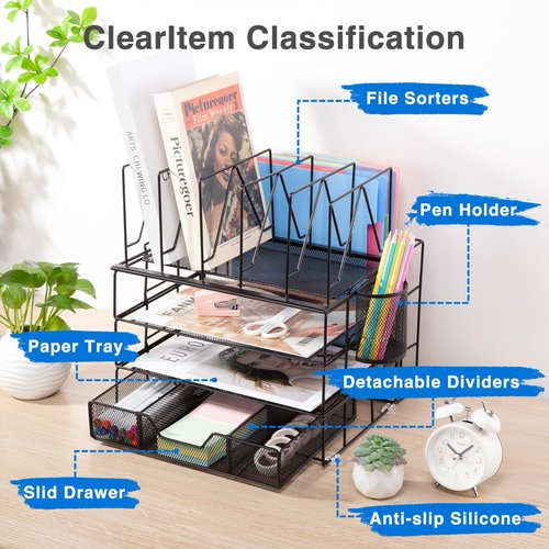Housmile Desk Organizer, 5-Tier Desk Organizers and Accessories with File Sorters, Paper Tray, Drawer and Pen Holder, Anti-slip Silicone, Detachable File Organizer for Desk, Black