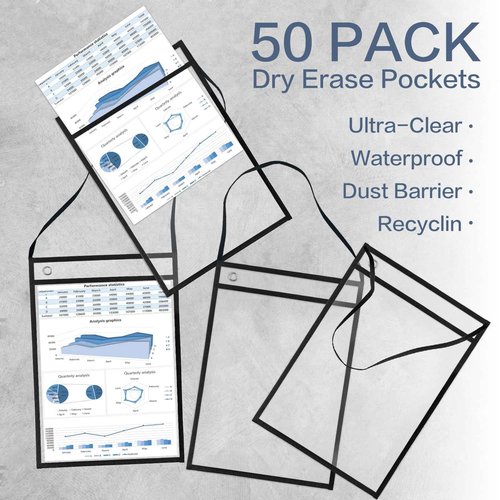 YUQILIN 50 Pack Job Ticket Holders, Black 14 x 10 Inch Reusable Dry Erase Pocket with Strap Work Order Plastic Sleeves Shop Ticket Dry Erase Sheet Protectors for Teacher Classroom Office