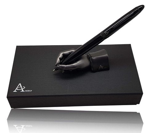 ACELY Executive glossy black Ball Point Pen with Hand Shape Pen Holder Metal Art Craft Paperweight for Desktop Organizer, Desk Decorations for Men - Pen & holder set (Black & Satin Black)